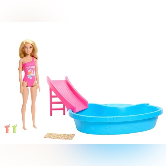 Barbie Doll and Pool Playset Blonde with Pool, Slide, Towel & Drink Accessories - Picture 2 of 6